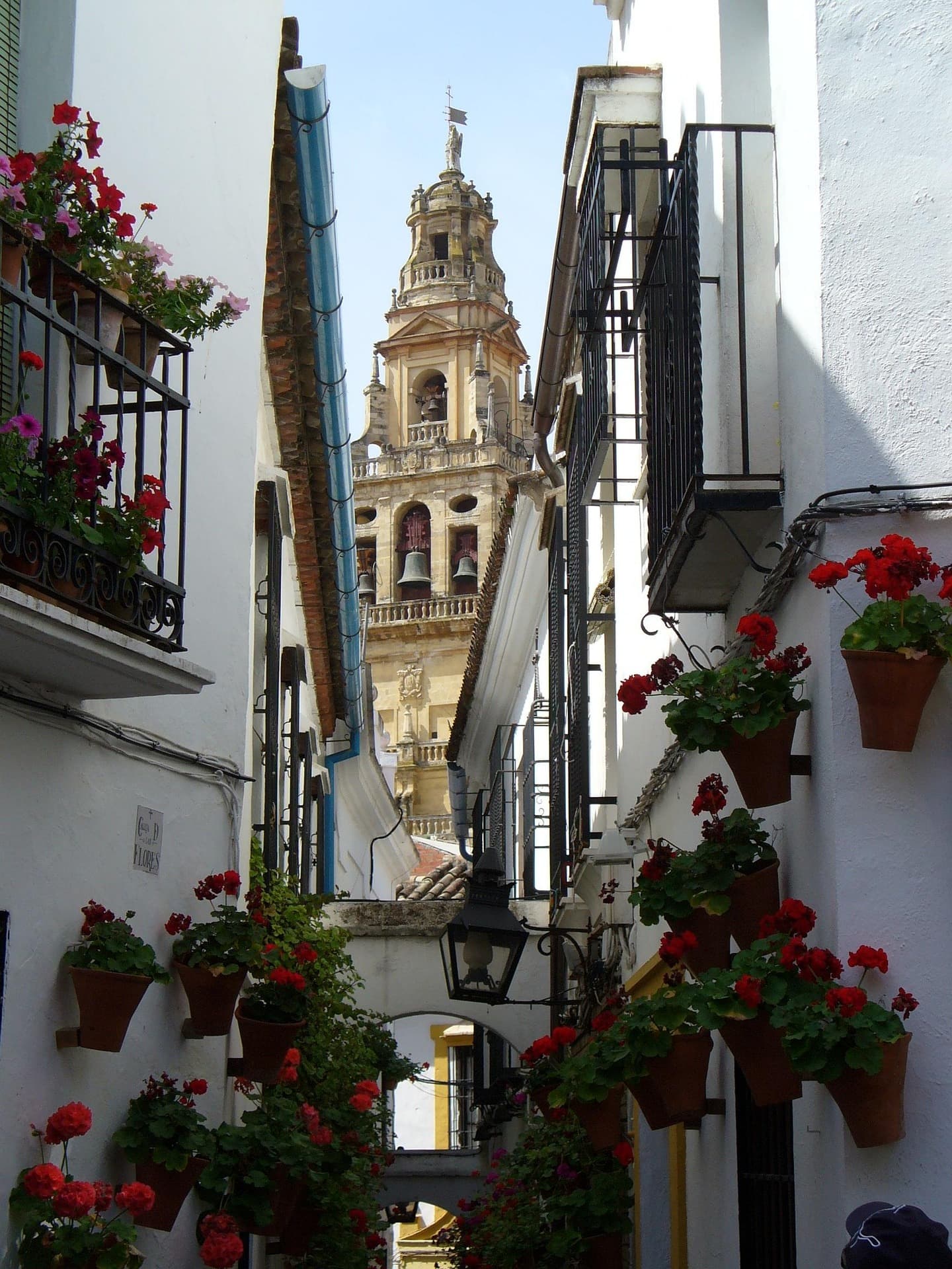 La Calleja de las Flores con la torre de la Mezquita-Catedral de Córdoba al fondo